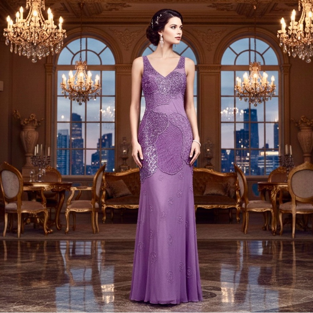 Elegant hand,‎ beaded Purple Evening Gown